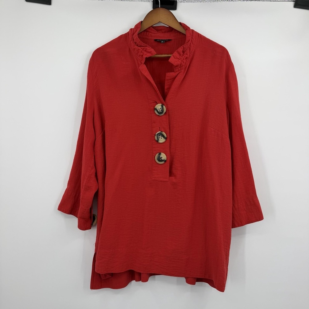 John Mark Tunic Womens XL Red Button-Up Lightweight Relaxed Pockets 3/4 Sleeve